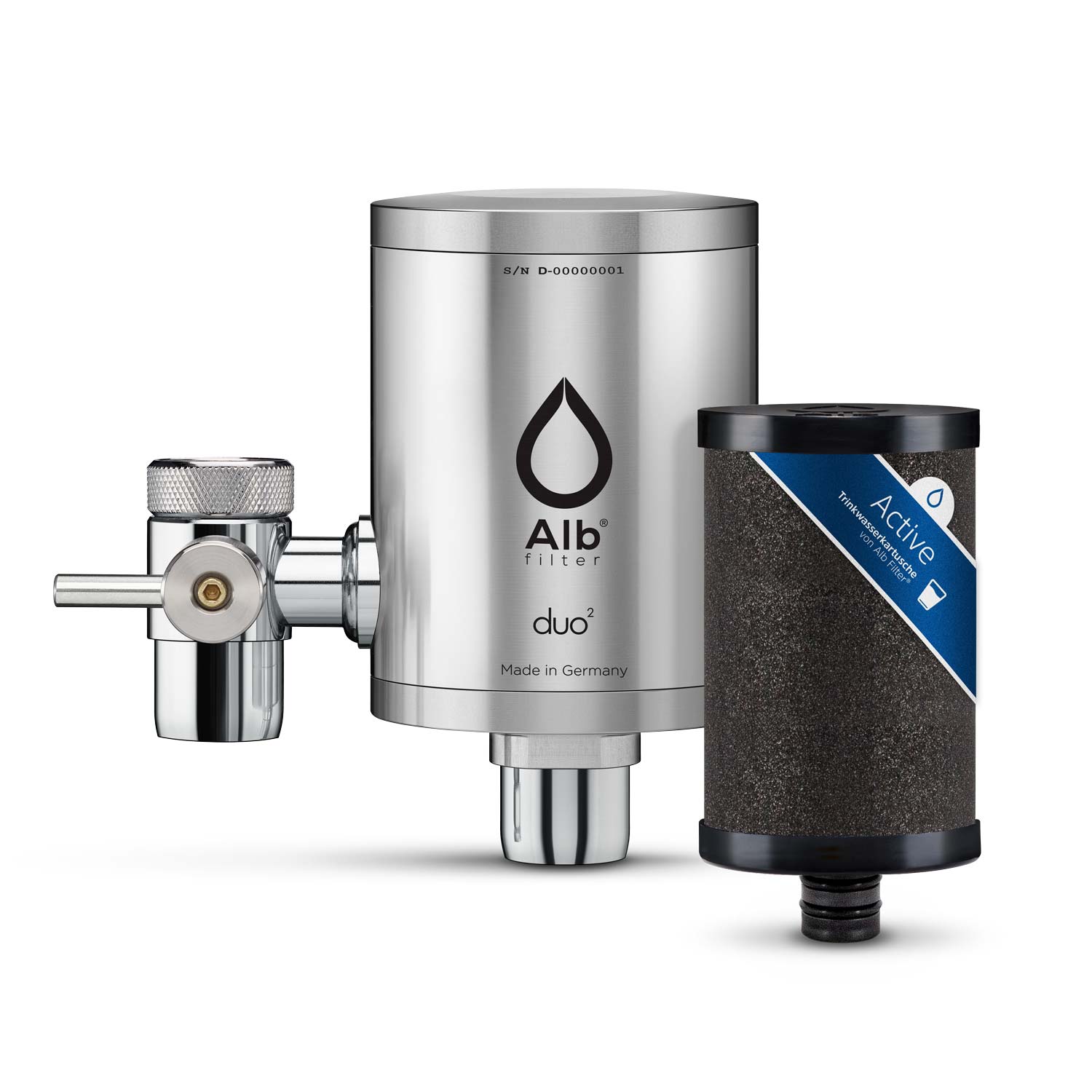 Duo Edelstahl Wasserhahnfilter mit Active Filterkartusche