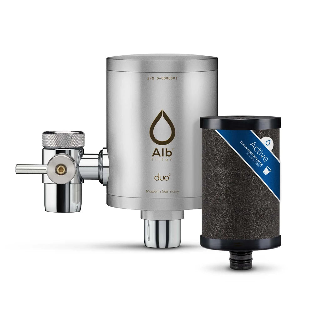 Duo Edelstahl Wasserhahnfilter mattiert mit Active Filterkartusche