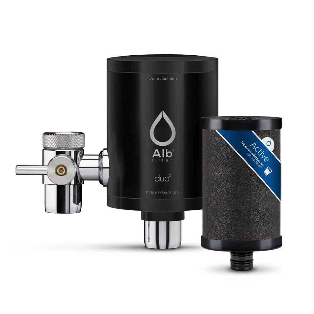 Duo Edelstahl Wasserhahnfilter schwarz mit Active Filterkartusche