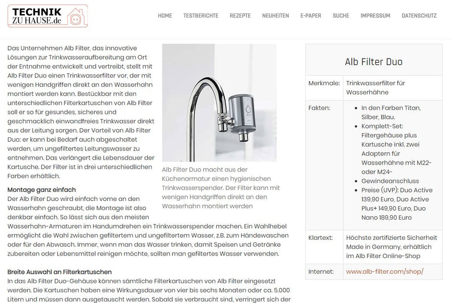 Technik zu Hause.de: Ratgeber für Küche, Haus und Garten berichtet über den Alb Filter Duo