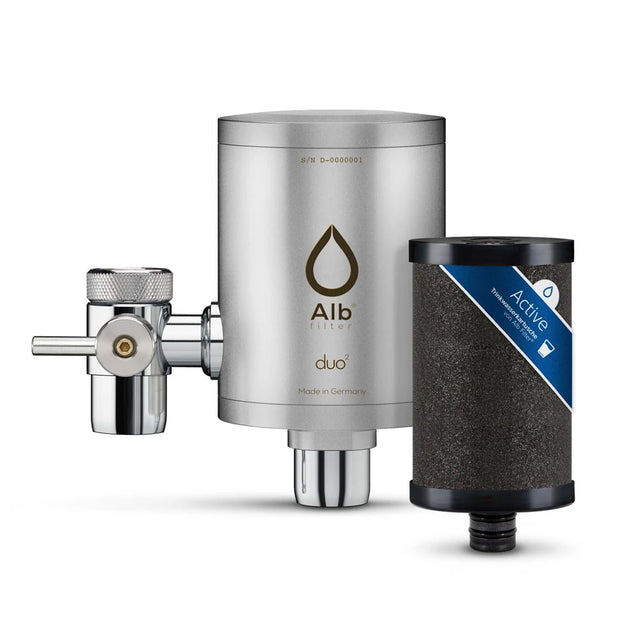 Duo Edelstahl Wasserhahnfilter mattiert mit Active Filterkartusche