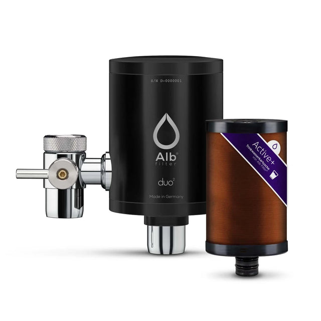 Duo Edelstahl Wasserhahnfilter schwarz mit ActivePlus Filterkartusche