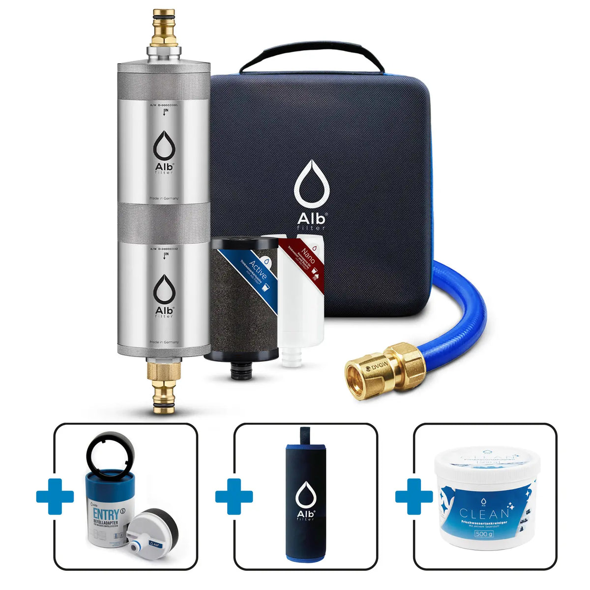 Produktbild des Mobil Fusion mit Protect Bundles Edelstahl mit Koffer, Kartuschen und den Zusatzprodukten Entry Befülladapter, Neoprenhülle und Alb Clean
