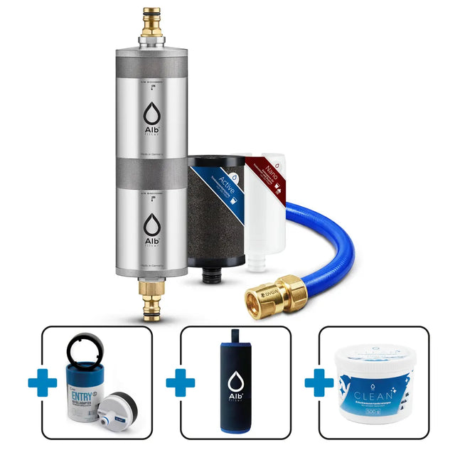 Produktbild des Mobil Fusion mit Protect Bundles Active und Nano mit 30 cm Schlauchstück  und den Zusatzprodukten Entry Befülladapter, Neoprenhülle und Alb Clean