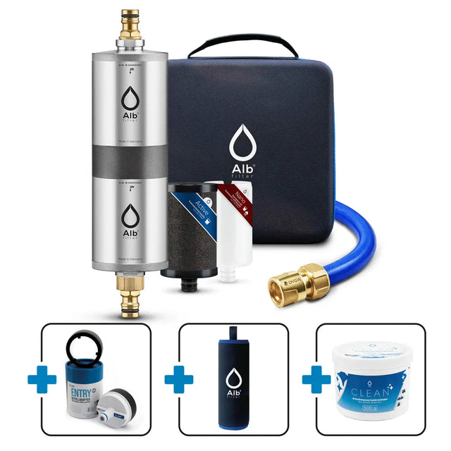 Produktbild des Mobil Fusion Bundles Active und Nano mit 30 cm Schlauchstück und Koffer sowie den Zusatzprodukten Entry Befülladapter, Neoprenhülle und Alb Clean