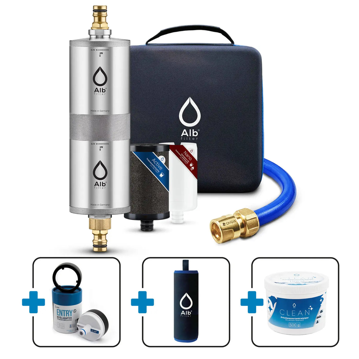 Produktbild des Mobil Fusion Bundles Edelstahl mit Koffer, Kartuschen und den Zusatzprodukten Entry Befülladapter, Neoprenhülle und Alb Clean