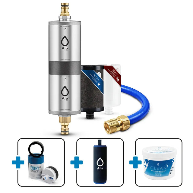 Produktbild des Mobil Fusion Bundles Active und Nano mit 30 cm Schlauchstück  und den Zusatzprodukten Entry Befülladapter, Neoprenhülle und Alb Clean