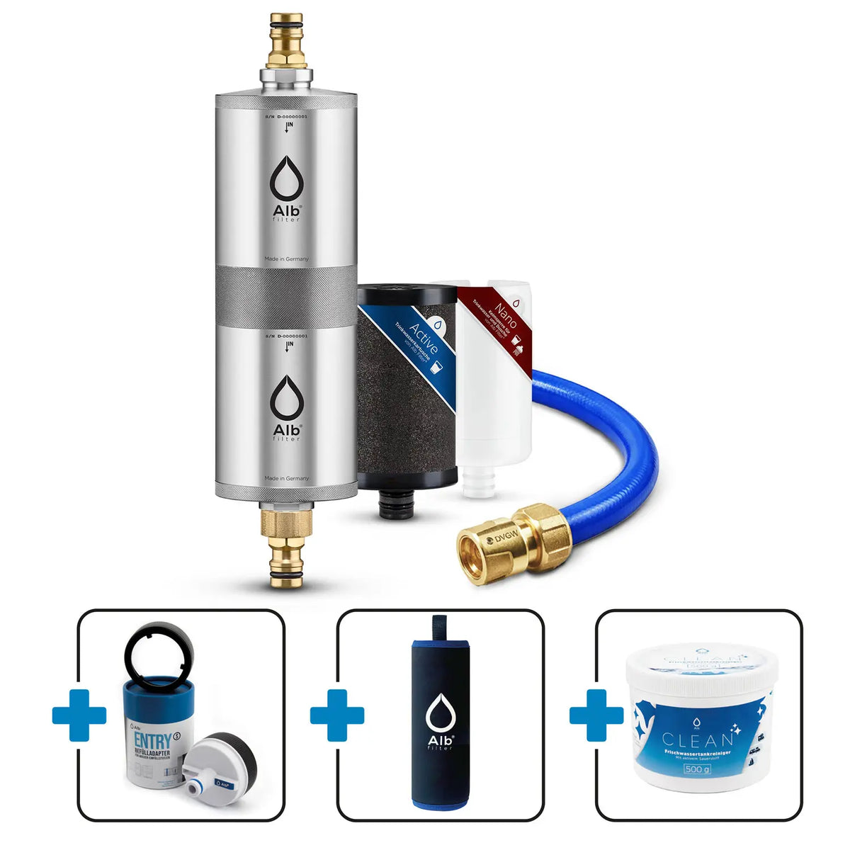 Produktbild des Mobil Fusion Bundles Edelstahl mit Kartuschen, Schlauchstück und den Zusatzprodukten Entry Befülladapter, Neoprenhülle und Alb Clean