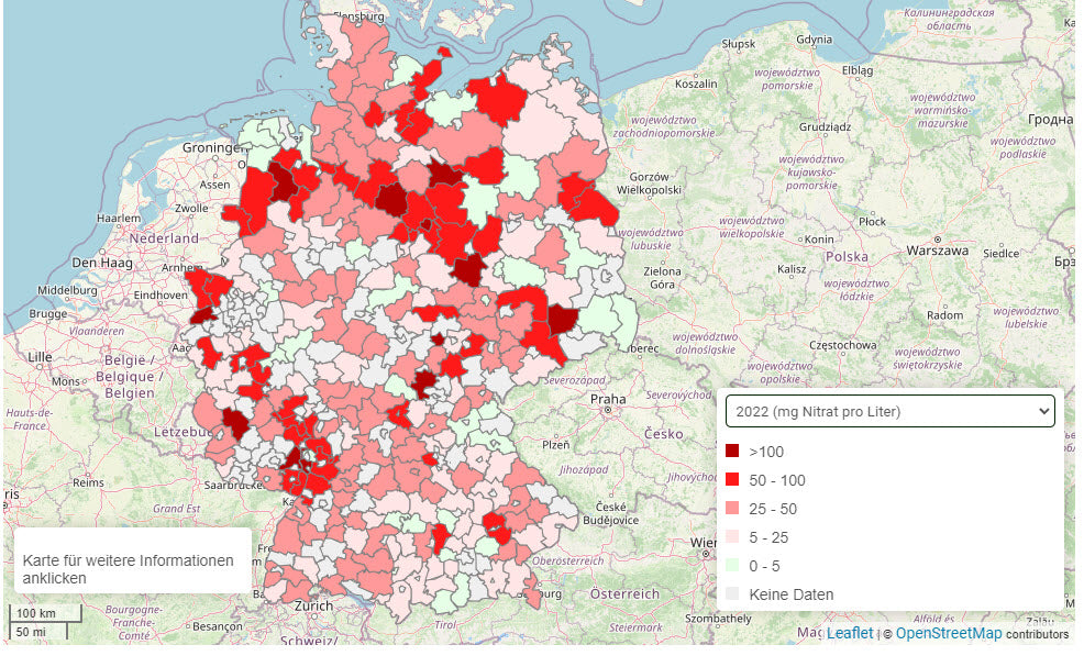 Karte zur Nitratbelastung im Grundwasser: 15,7 % der deutschen Messstellen überschreiten den Grenzwert von 50 mg/l.