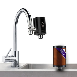 Duo stainless steel tap filter with ActivePlus filter cartridge in black on the tap