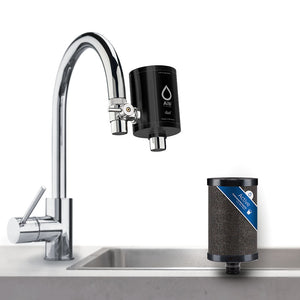 Duo Edelstahl Wasserhahnfilter mit Active Filterkartusche in Schwarz an Wasserhahn