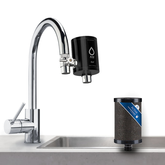 Duo stainless steel tap filter with Active filter cartridge in black on tap