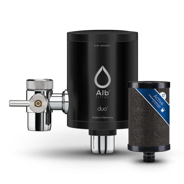 Duo stainless steel tap filter in black with Active filter cartridge