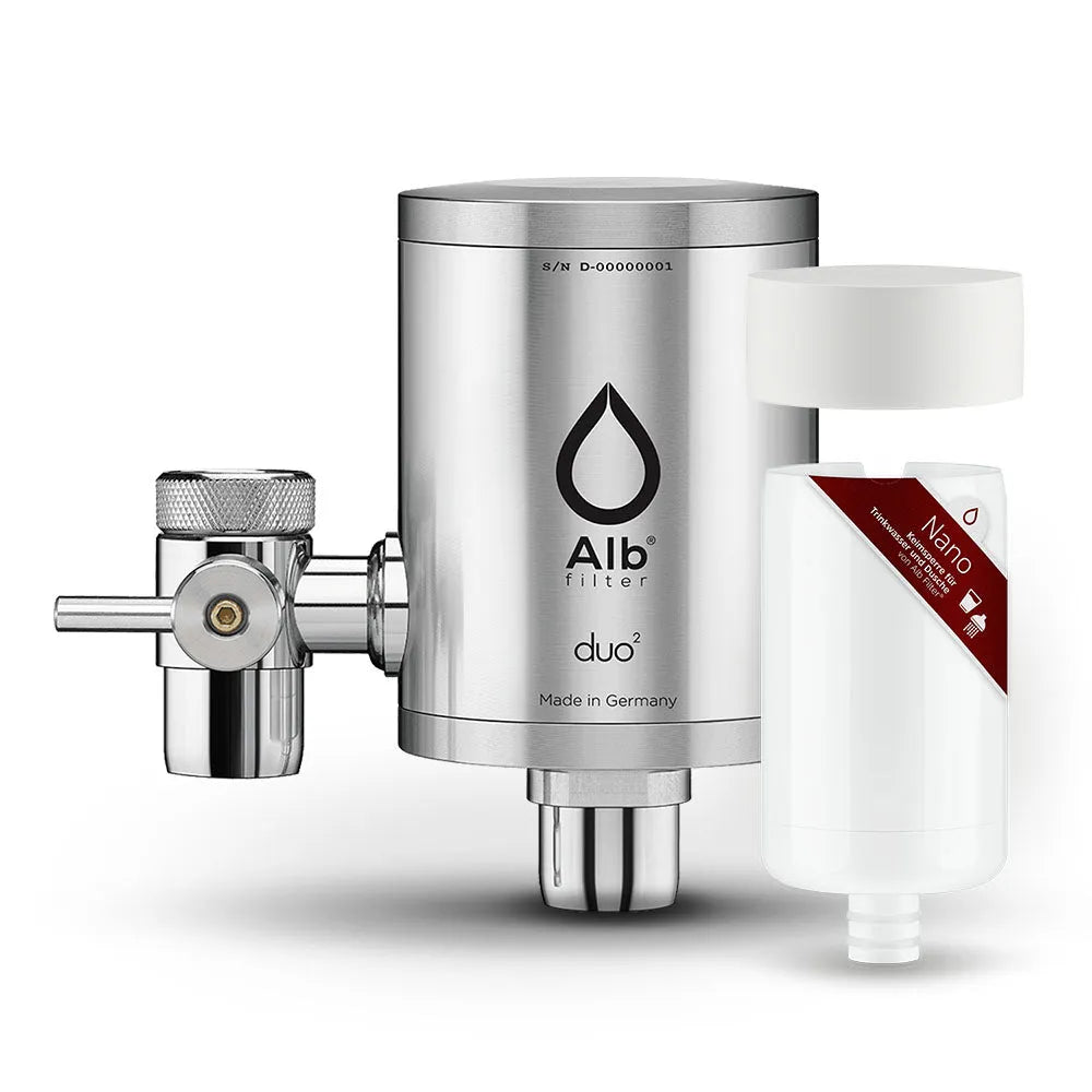 Alb Filter Duo mit Nano-Kartusche und Vorfilterhut in der Farbe Edelstahl