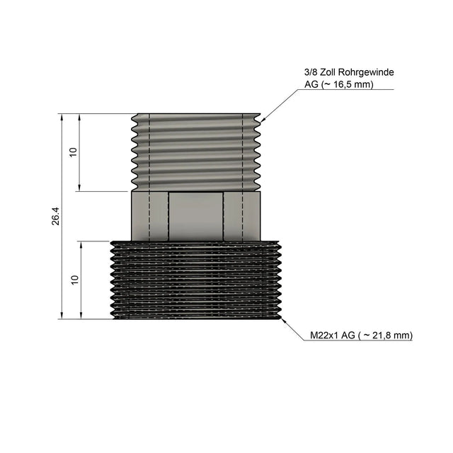 Gewindeadapter Dreiachtel Zoll Außengewinde auf M22 Feingewinde AG Skizze