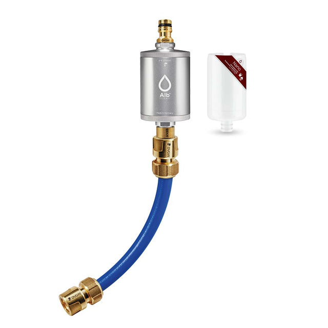 Alb Mobil water filter set in the color silver. Consisting of the Nano germ filter and the GEKA (Gardena compatible) connection set with suitable adapters for caravans and motorhomes