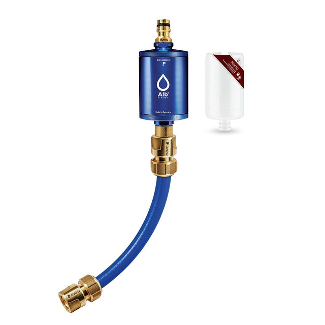 Alb Mobil Wasserfilter Set in der Farbe Blau. Bestehend aus dem Nano Keimfilter und dem GEKA (Gardena kompatibel) Anschluss-Set mit passenden Adaptern für Caravan und Wohnmobil