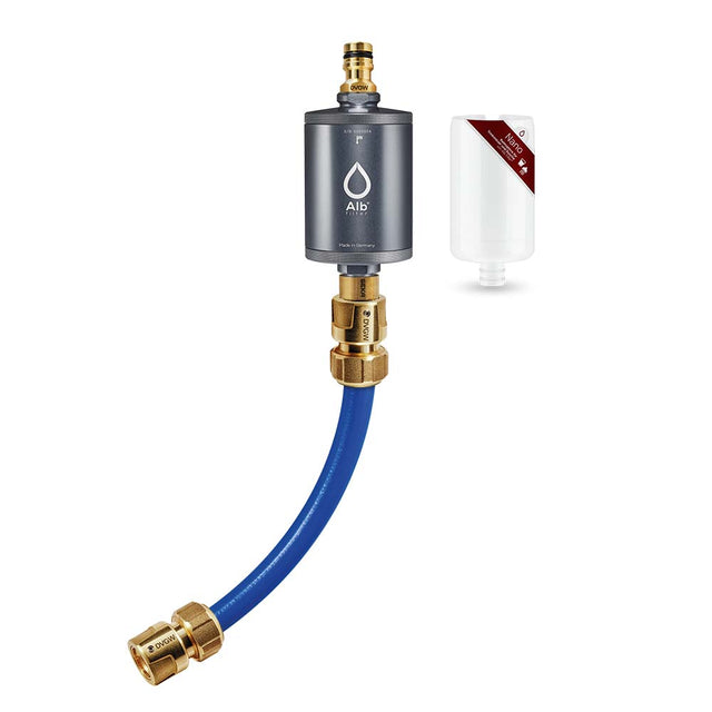 Alb Mobil water filter set in the color titanium. Consisting of the Nano germ filter and the GEKA (Gardena compatible) connection set with suitable adapters for caravans and motorhomes