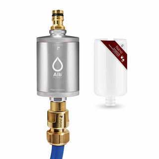 Alb Mobil water filter set in the color silver. Consisting of the Nano germ filter and the GEKA (Gardena compatible) connection set with suitable adapters for caravans and motorhomes