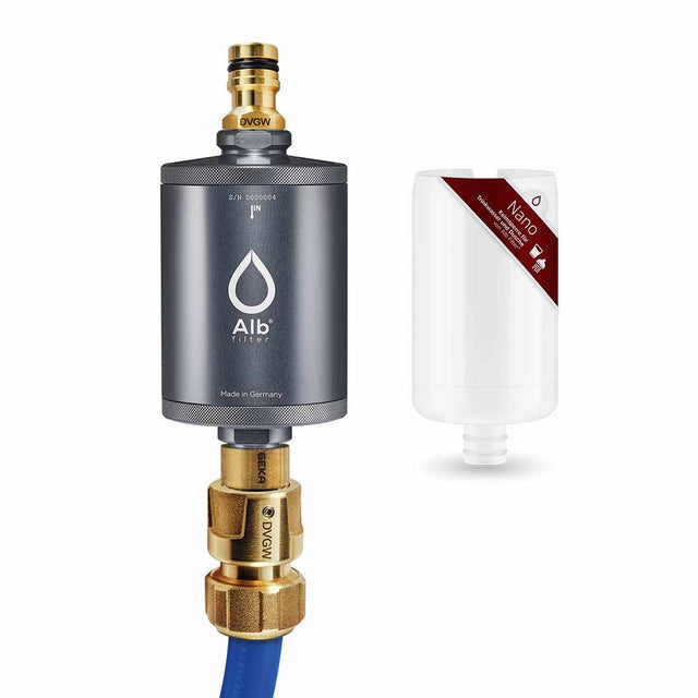 Alb Mobil water filter set in the color titanium. Consisting of the Nano germ filter and the GEKA (Gardena compatible) connection set with suitable adapters for caravans and motorhomes