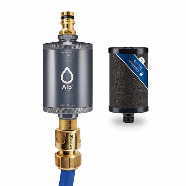 Alb Mobil water filter set in the color titanium. Consisting of the Active germ filter and the GEKA (Gardena compatible) connection set with suitable adapters for caravans and motorhomes