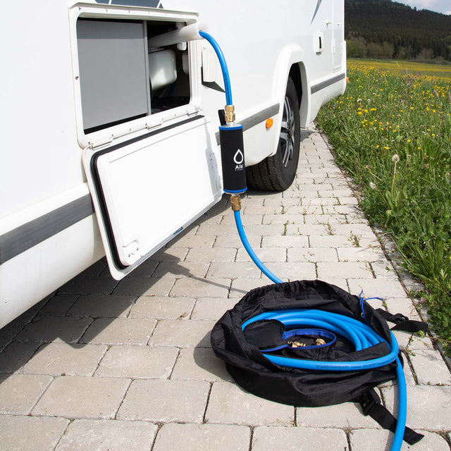 Filling hose with water filter on the motorhome