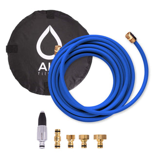 Hose set with tap connector, spray nozzle and coupling in hose bag