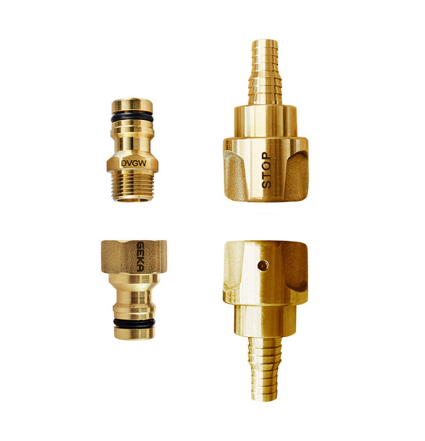 Water filter connection set for installation in the camper or motorhome. GEKA stepped nozzles quick coupling