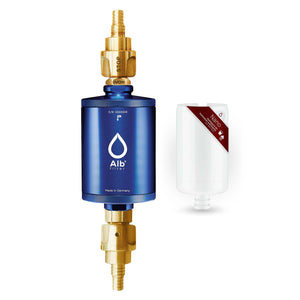Alb Travel Trinkwasserfilter-Set in der Farbe Blau. Bestehend aus dem Element Filtergehäuse und der Nano Trinkwasserkartusche mit passender GEKA Schnellkupplung für den Festeinbau im Wohnmobil