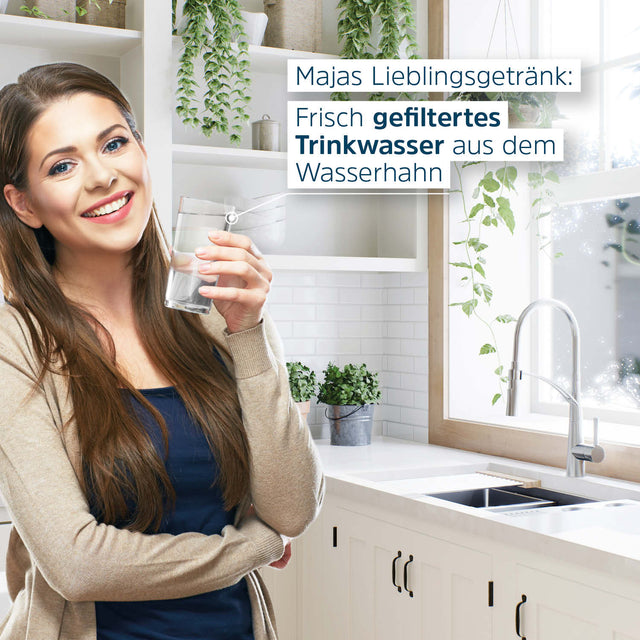 Frau mit Wasserglas - Frisch gefiltertes Trinkwasser aus dem Wasserhahn