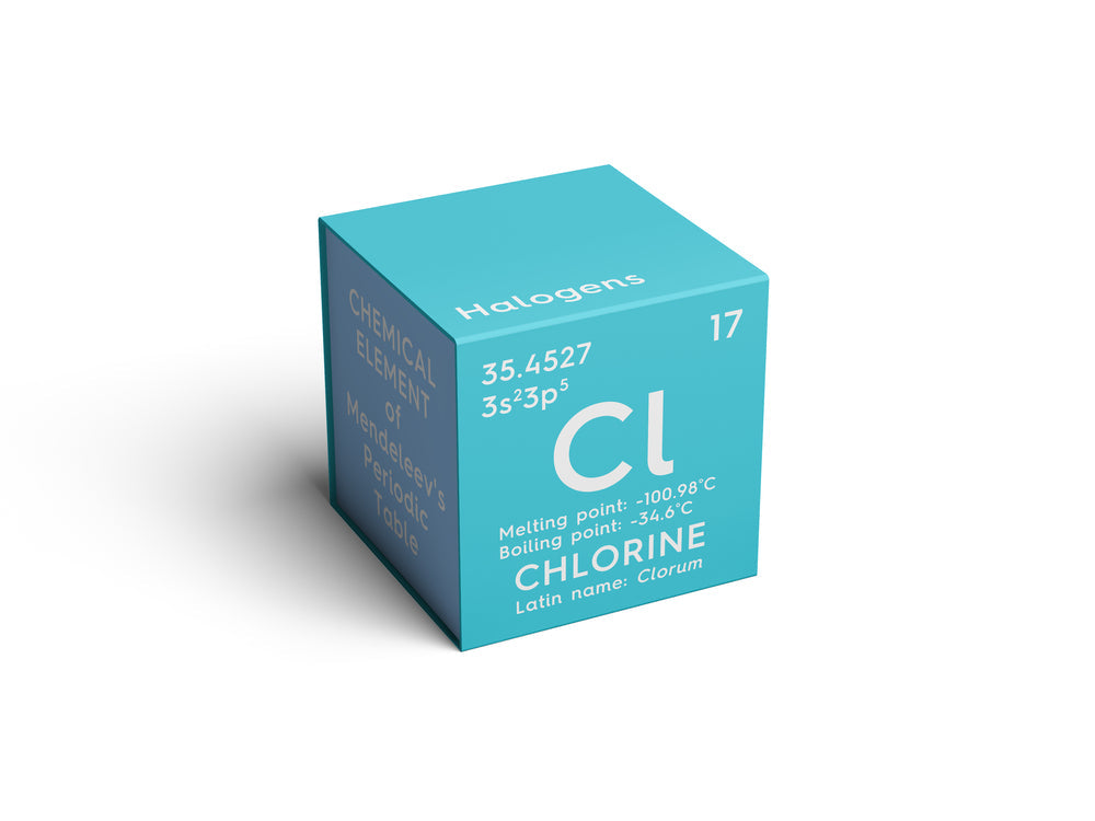 Chemisches Element Chlor im Periodensystem – im deutschen Leitungswasser liegt freies Chlor meist bei 0,1 bis 0,3 mg/l.