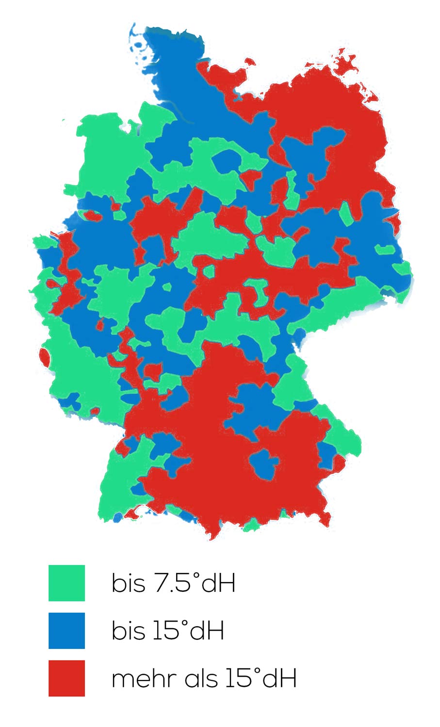 Karte der Wasserhärte in Deutschland: Süddeutschland mit Kalk- und Gipsgestein tendenziell härter, Norddeutschland mit Granit und Sandstein weicher.