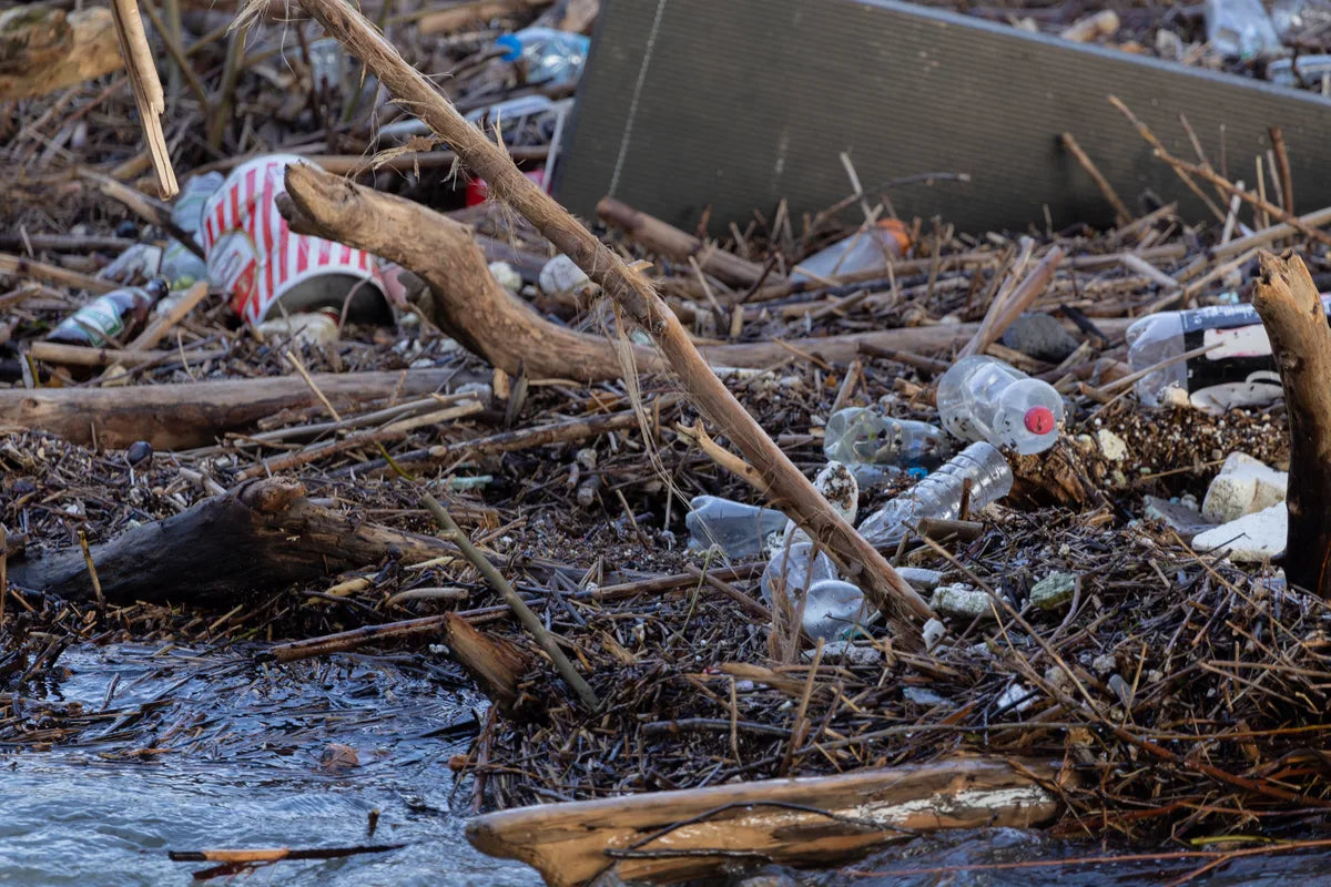 Plastikmüll und Treibholz am Flussufer nach Hochwasser